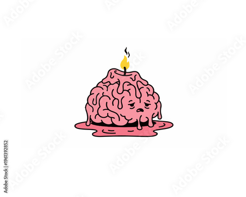Conceptual illustration of a melting cartoon brain with a lit candle on top, symbolizing mental burnout, exhaustion, and stress.