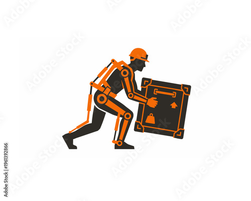 Silhouette of a construction worker using a robotic exoskeleton suit to lift a heavy crate, representing future industrial technology and human augmentation.