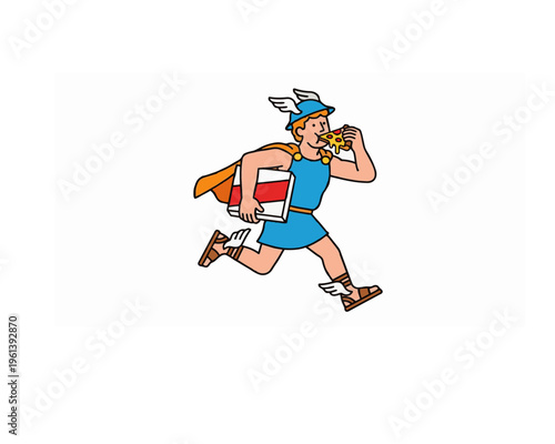 Creative vector illustration of the Greek god Hermes running while delivering a pizza and eating a slice, representing fast food delivery and express courier service.