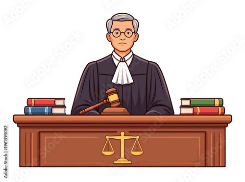 Judge in robe and glasses sitting at a courtroom bench with a gavel, law books, and scales of justice, representing legal system