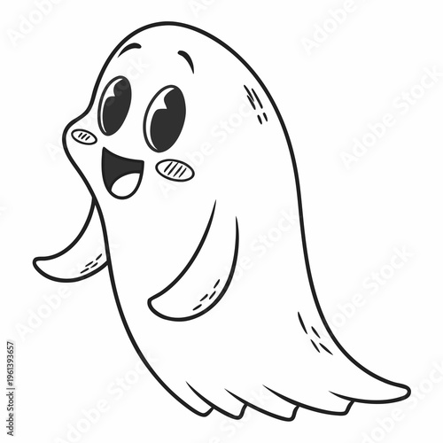 A cute cartoon ghost with a smiling face and big eyes in a black and white illustration