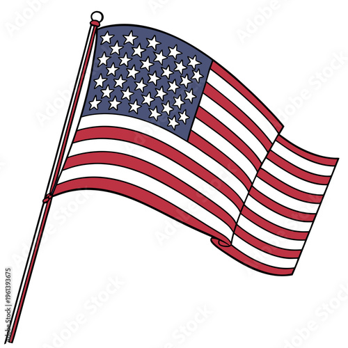 A vector graphic illustration of the American flag waving on a pole