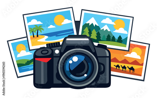Digital camera taking pictures of beach, mountains, and desert scenes, collecting travel memories and vacation experiences