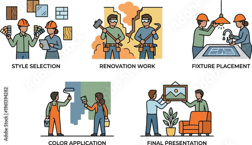 Construction workers illustrate renovation work and fixture placement while a team applies color and handles the final presentation of home decor.