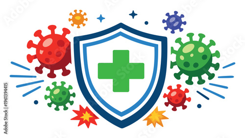 Shield with a green cross protecting from colorful viruses and bacteria, symbolizing immunity, health protection, and medical defense