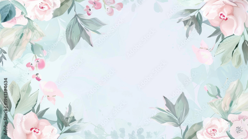 Fototapeta Pastel blue floral background with soft flowers and botanical elements