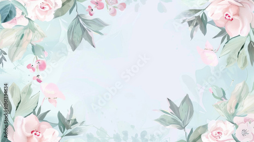 Pastel blue floral background with soft flowers and botanical elements