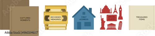 A collection of brown and beige graphic elements depicts concepts related to captured moments, media storage, home ownership, global landmarks, and treasured storage.