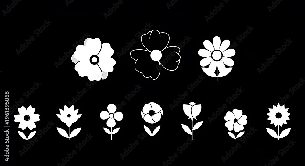 Fototapeta premium Simple white flower icons of various shapes against a black background