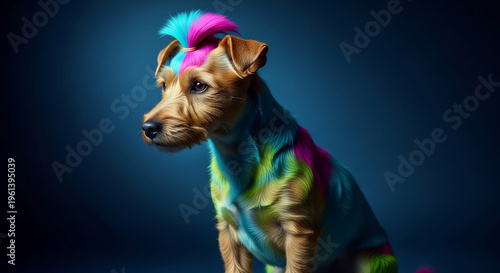 Sitting dog with colorful fur (blue, green, pink) and hair. The colorization symbolizes individuality and creative expression on a dark background