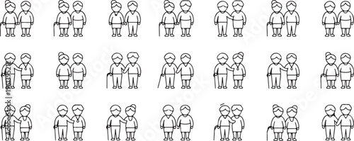 senior line art set aged person cane glasses nurse doctor vector
