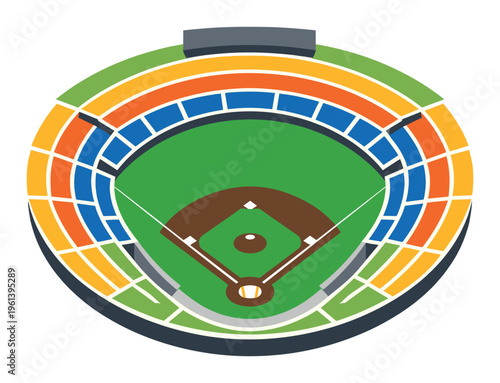 Baseball stadium graphic presenting an empty field with a diamond, outfield, spectator seating, and scoreboard