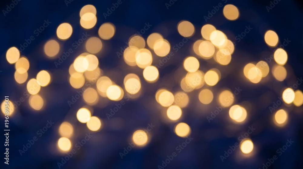 Obraz premium Holiday illumination and decoration concept - christmas garland bokeh lights over dark blue background. Abstract Golden Bokeh Fairy Lights Represents Festive Holiday Celebration, Magical Event Concept