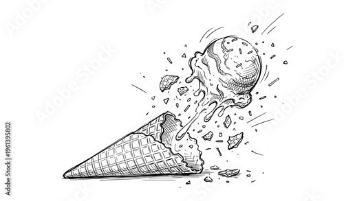 Sketch of falling ice cream cone highlighting dynamic movement and texture
