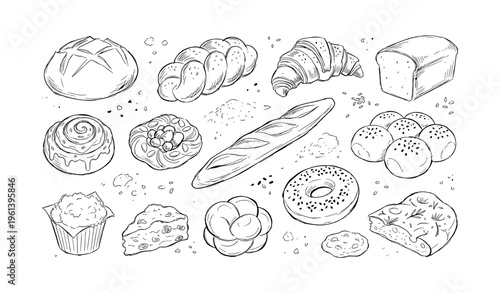 Hand-drawn bakery selection: bread, pastries, and sweets variety in detailed sketch