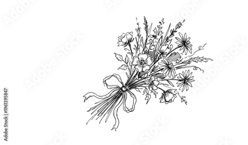 Elegant black and white floral bouquet sketch with ribbon detail