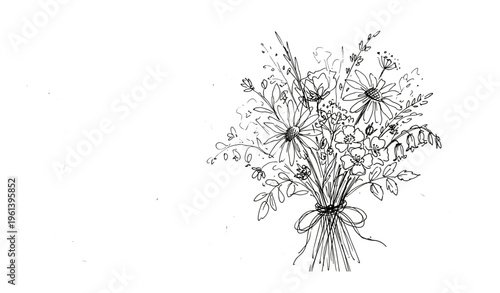 Intricate black and white floral bouquet line drawing with diverse flowers and leaves