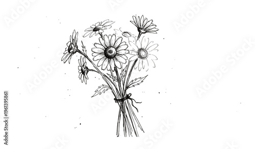 Black and white sketch of daisy bouquet with simple line art detailing