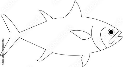 Minimalist tuna fish vector outline, simple black and white seafood illustration, clean line art of a saltwater fish for logo design and coloring