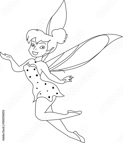 Whimsical fairy coloring page vector, magical flying pixie line art, cute fantasy character outline for kids activity books