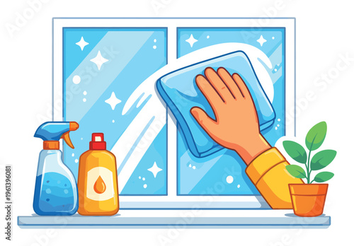 Hand wiping window with blue cloth, using spray cleaner and solution bottle for clean, shining surface and home care