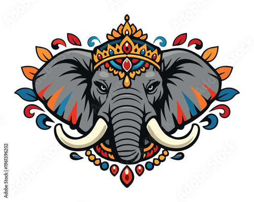 Elephant head wearing a ceremonial crown with ornate ethnic patterns, representing Hindu culture, spirituality, and good luck