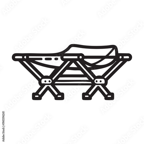 An illustration depicts a folding camping cot outline in a simple black line drawing style.