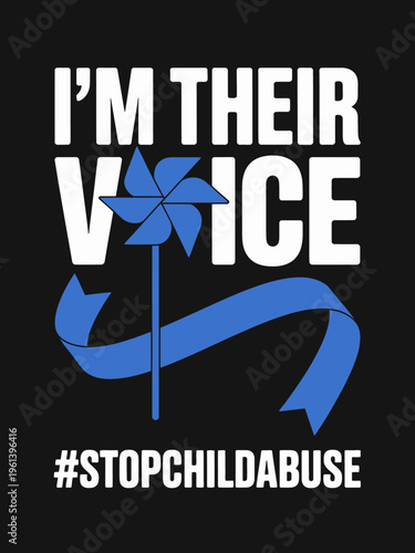 Text promoting awareness with a blue ribbon symbol. The message emphasizes being a voice against child abuse.