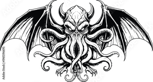 Black and white Cthulhu monster vector illustration, mythical kraken tentacles, demonic dragon wings, ancient sea creature head, gothic horror fantasy, and, dark.