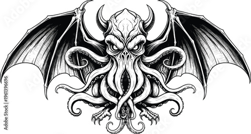 Bild auf Leinwand Cthulhu Mythos Kraken Monster Illustration with Bat Wings, Horned Devil Head, Oc