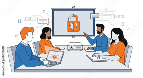 Business meeting discussing cybersecurity and data protection with a padlock icon on screen vector illustration