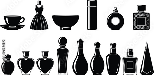 Luxury Perfume Bottle Silhouettes and Beauty Lifestyle Icons, Elegant Fragrance Glass Containers, Cosmetic Packaging Design, Fashionable Tea Cup and Dress Vector
