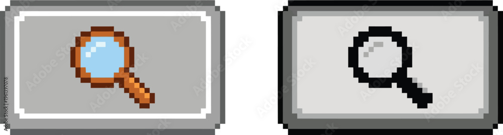 Fototapeta premium Two pixel art magnifying glass icons, one with a brown handle and blue lens, the other with a black outline, both on grey backgrounds.