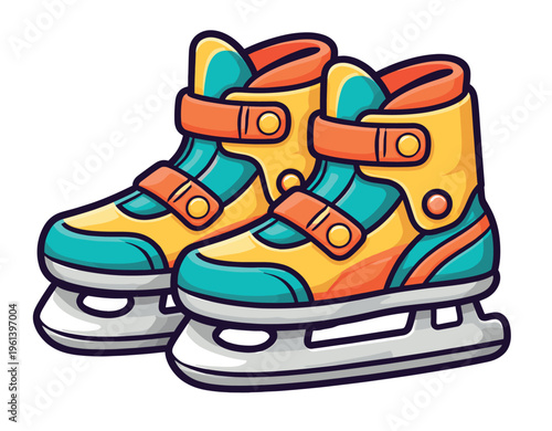 Vibrant cartoon ice skates featuring yellow, teal, and orange colors, illustrating winter fun, sport, and hobby equipment