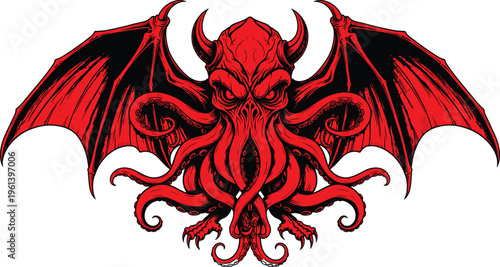 Red Cthulhu monster vector illustration, mythical kraken tentacles, demonic dragon wings, ancient sea creature head, gothic horror fantasy art, and, dark.