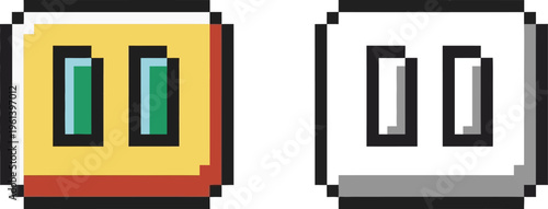 Two pixel art icons resembling electrical outlets or pause buttons, one yellow and green, the other white and grey, on a white background.