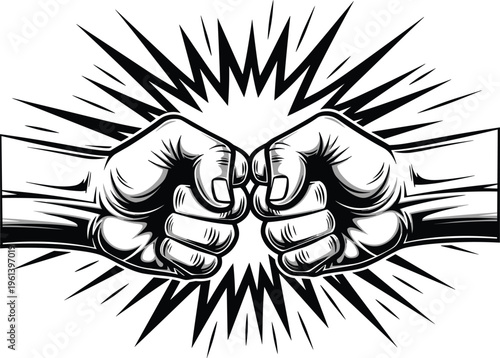 Two fists bumping in comic book style with starburst explosion background partnership and teamwork concept black and white vector illustration