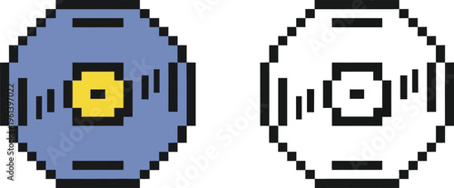 Pixel art illustration of two music discs, one in blue and yellow, the other in black and white outline, representing audio media.