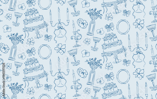 Vintage tea party seamless pattern, blue toile de jouy style background with cakes, candelabras and flowers, coquette aesthetic wallpaper vector