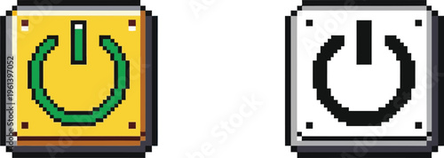 Two pixel art icons depicting a power on/off symbol, one with a yellow background and green symbol, the other with a white background and black symbol, both in a blocky, retro style.
