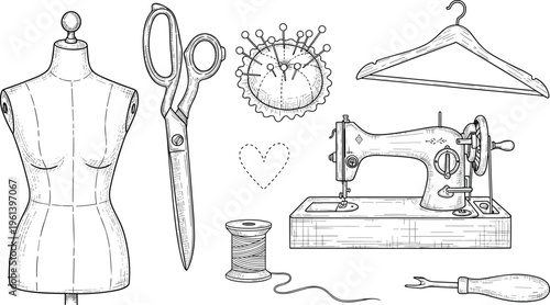 Vintage Sewing and Tailoring Kit Illustration Featuring Mannequin, Retro Sewing Machine, Scissors, Thread Spool, Pincushion, and Hanger in Hand-Drawn Sketch Style