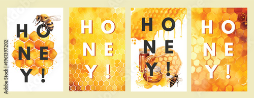 Honey banner of illustration of honeycombs background bee day design