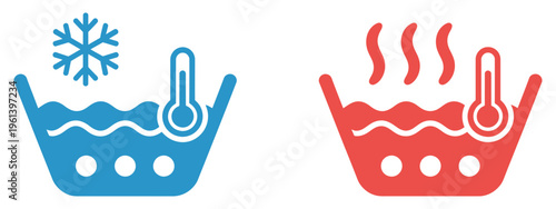 Hot and cold water icon set, temperature indicator symbols with flames and snowflakes, faucet and droplet icons representing hot and cold water, plumbing and household utilities concept, minimal flat 