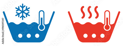 Hot and cold water icon set, water temperature symbols, hot water flame icon, cold water snowflake icon, bathroom and kitchen utility illustration, clean line style, vector