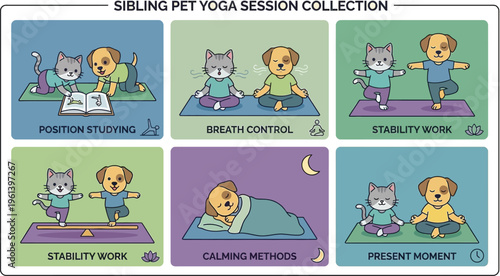 A collection of six cartoon panels depicts a dog and cat engaging in various yoga and relaxation exercises together.