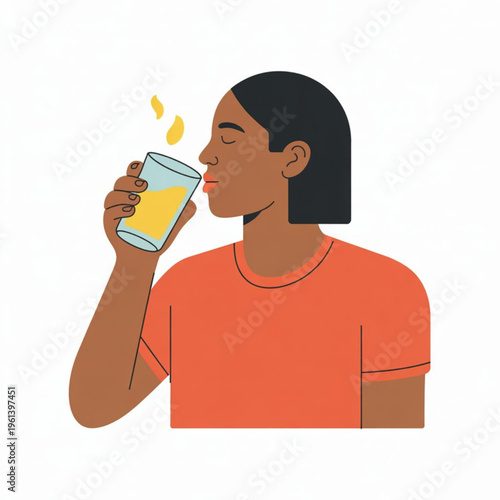 A young woman with dark hair wearing an orange shirt drinking a glass of fresh yellow fruit juice