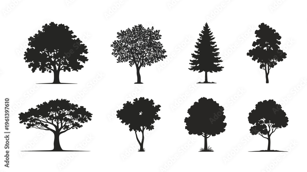 Fototapeta premium Black Tree Silhouette Collection – Vector Forest and Nature Icons