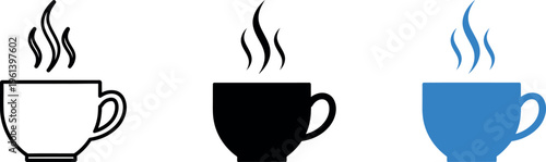 Three steaming coffee cups in different colors and styles