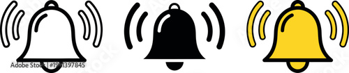 Three bells with sound waves in white black and yellow colors
