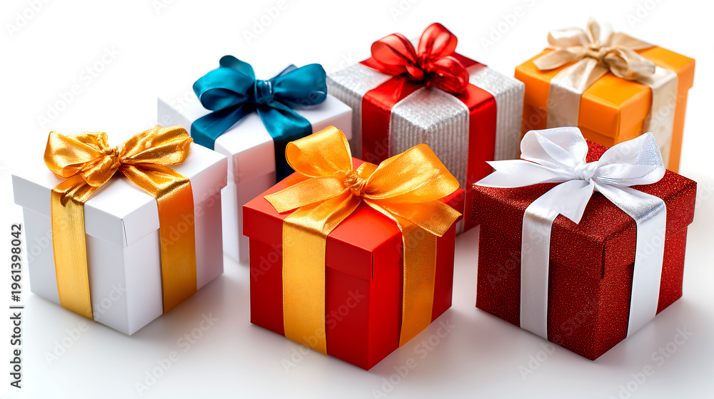 Fototapeta premium Celebrate life's special moments with a vibrant collection of beautifully wrapped gift boxes adorned with festive ribbons, perfect for any occasion.